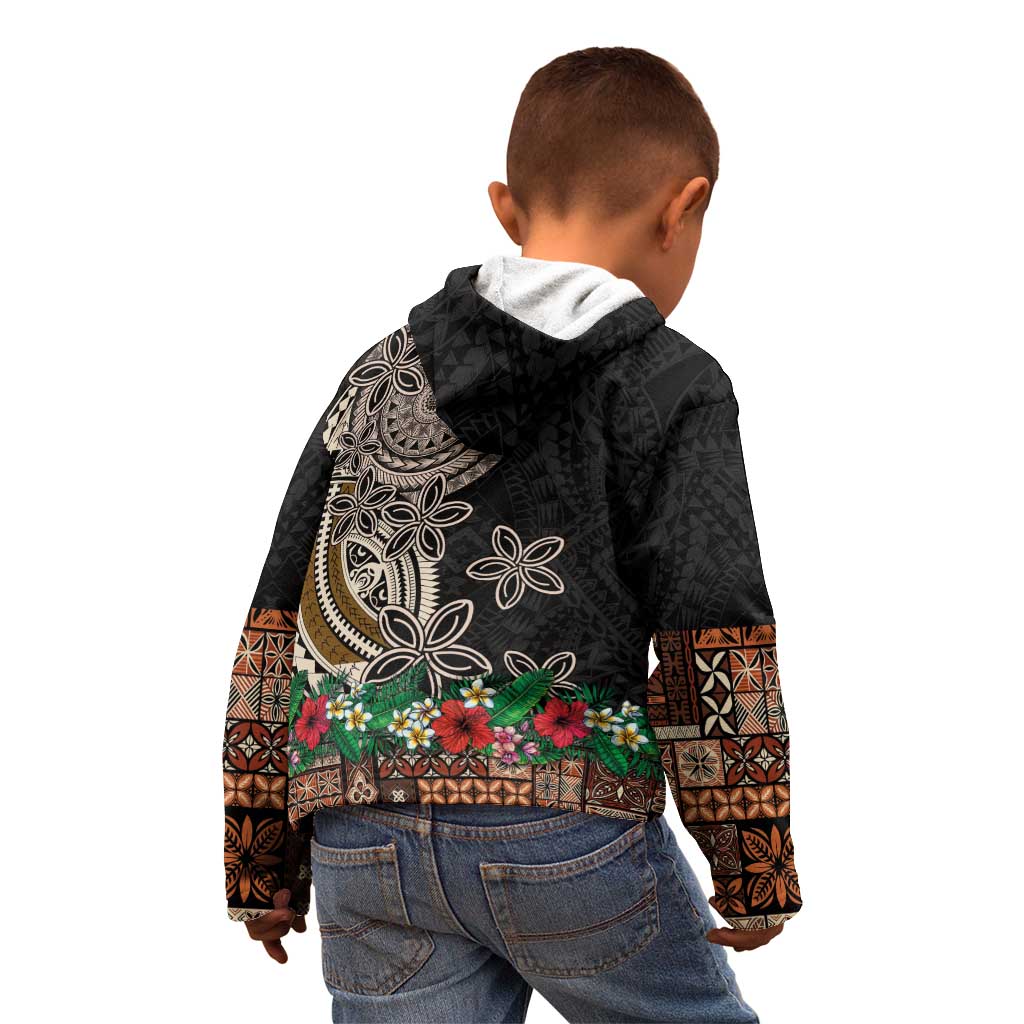 Samoa Siapo Polynesian Art Kid Hoodie Tropical Flowers and Tatau Pattern Brown LT03 - Polynesian Pride