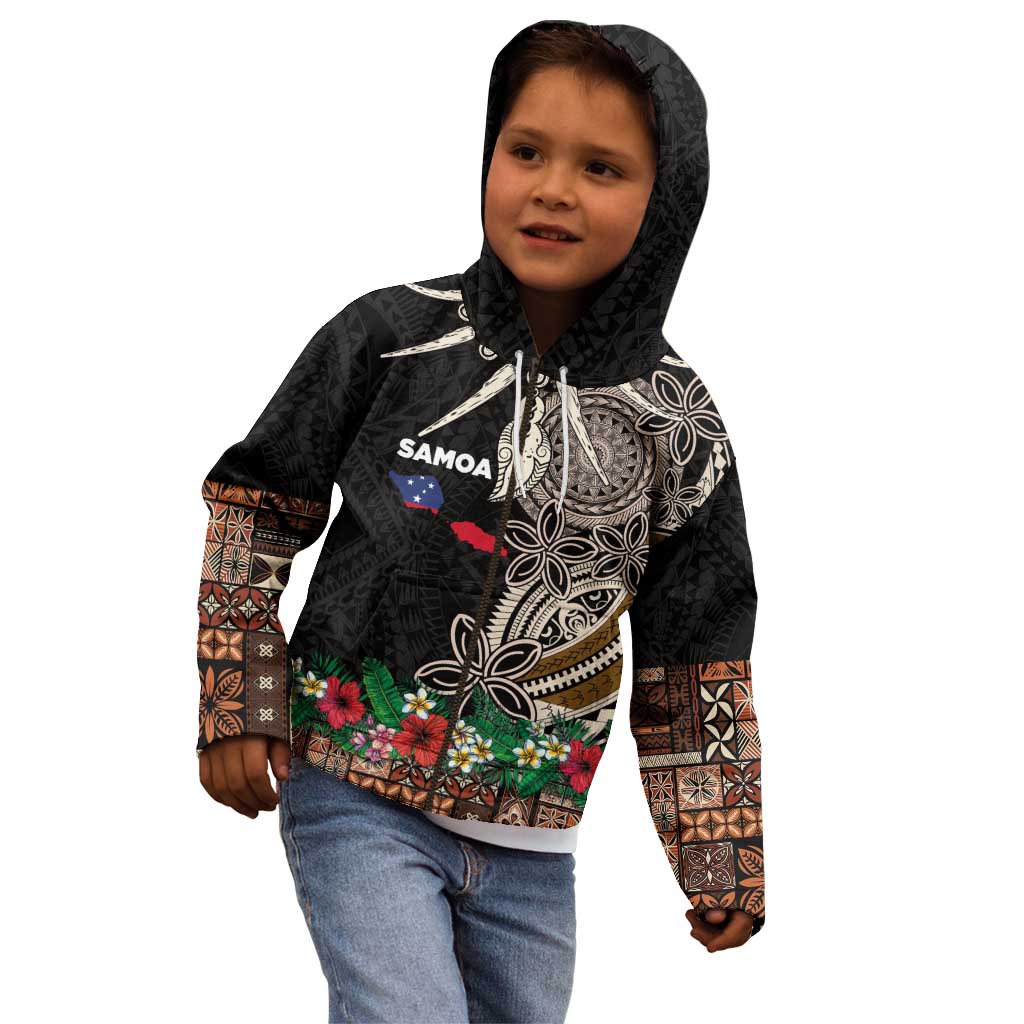 Samoa Siapo Polynesian Art Kid Hoodie Tropical Flowers and Tatau Pattern Brown LT03 - Polynesian Pride
