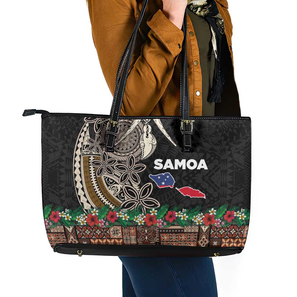 Samoa Siapo Polynesian Art Leather Tote Bag Tropical Flowers and Tatau Pattern Brown