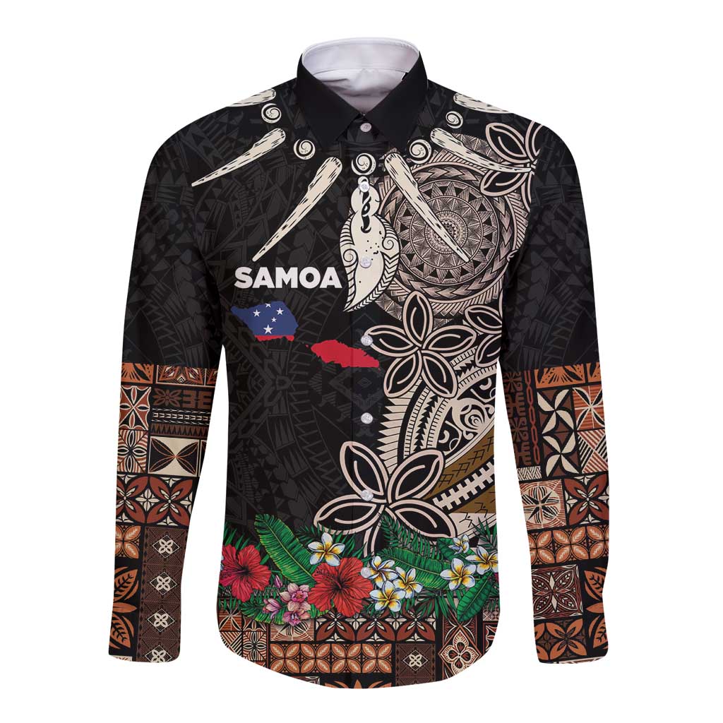 Samoa Siapo Polynesian Art Long Sleeve Button Shirt Tropical Flowers and Tatau Pattern Brown