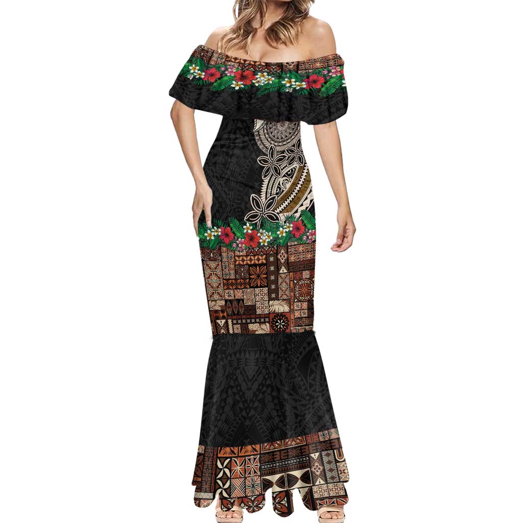 Samoa Siapo Polynesian Art Mermaid Dress Tropical Flowers and Tatau Pattern Brown