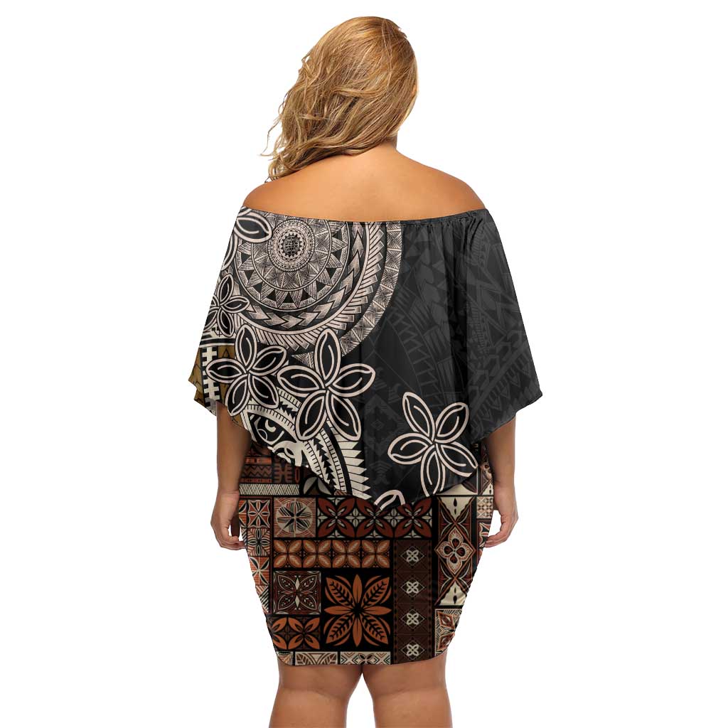 Samoa Siapo Polynesian Art Off Shoulder Short Dress Tropical Flowers and Tatau Pattern Brown