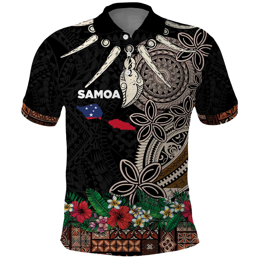 Samoa Siapo Polynesian Art Polo Shirt Tropical Flowers and Tatau Pattern Brown