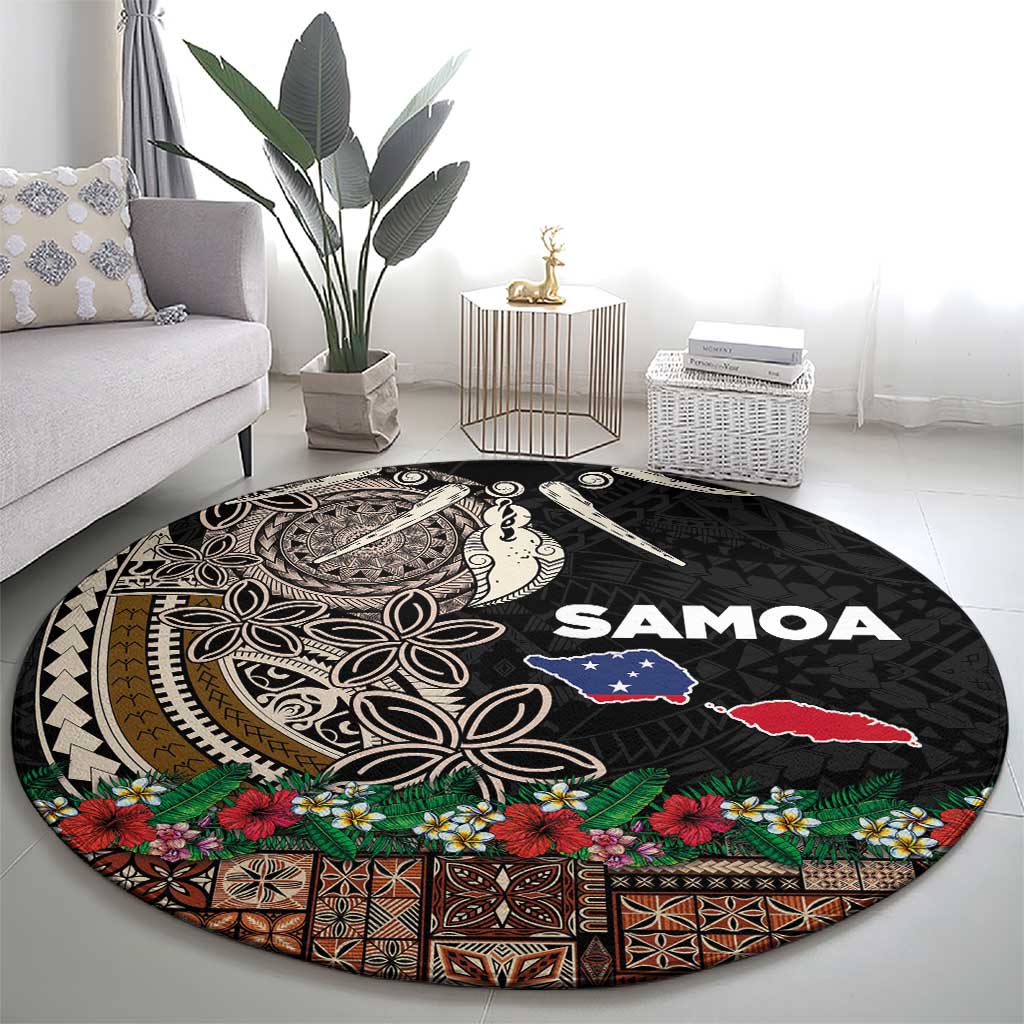 Samoa Siapo Polynesian Art Round Carpet Tropical Flowers and Tatau Pattern Brown