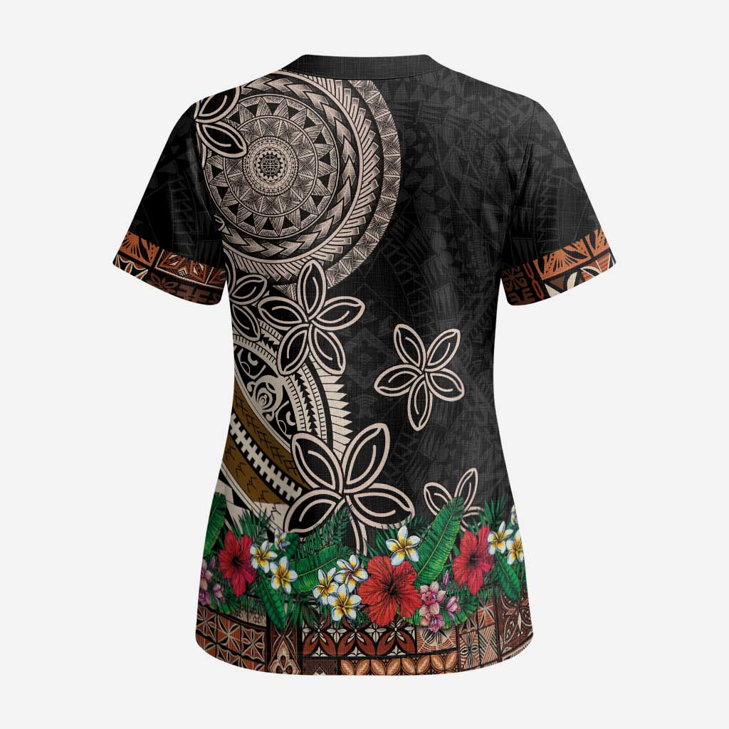 Samoa Siapo Polynesian Art Scrub Top Tropical Flowers and Tatau Pattern Brown - Polynesian Pride