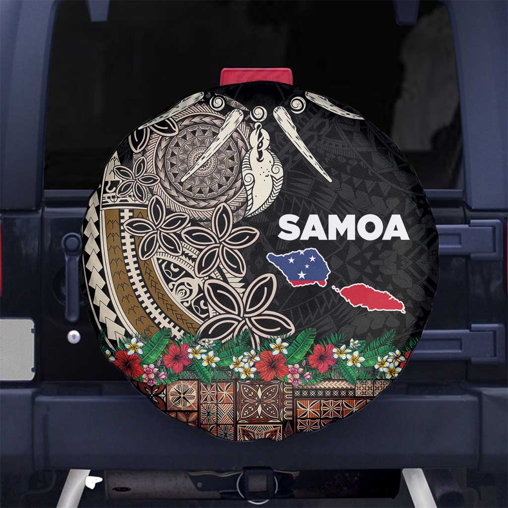 Samoa Siapo Polynesian Art Spare Tire Cover Tropical Flowers and Tatau Pattern Brown
