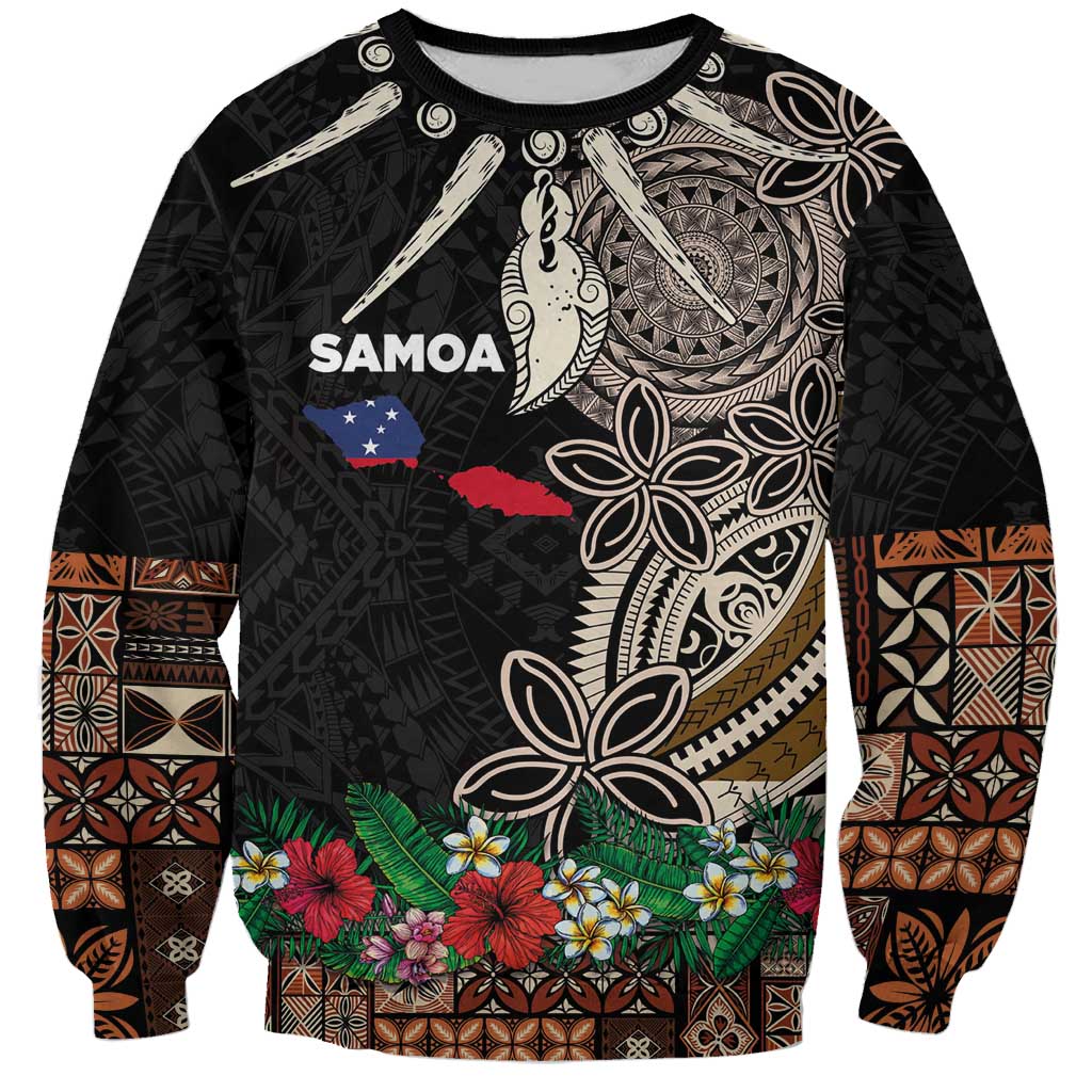 Samoa Siapo Polynesian Art Sweatshirt Tropical Flowers and Tatau Pattern Brown