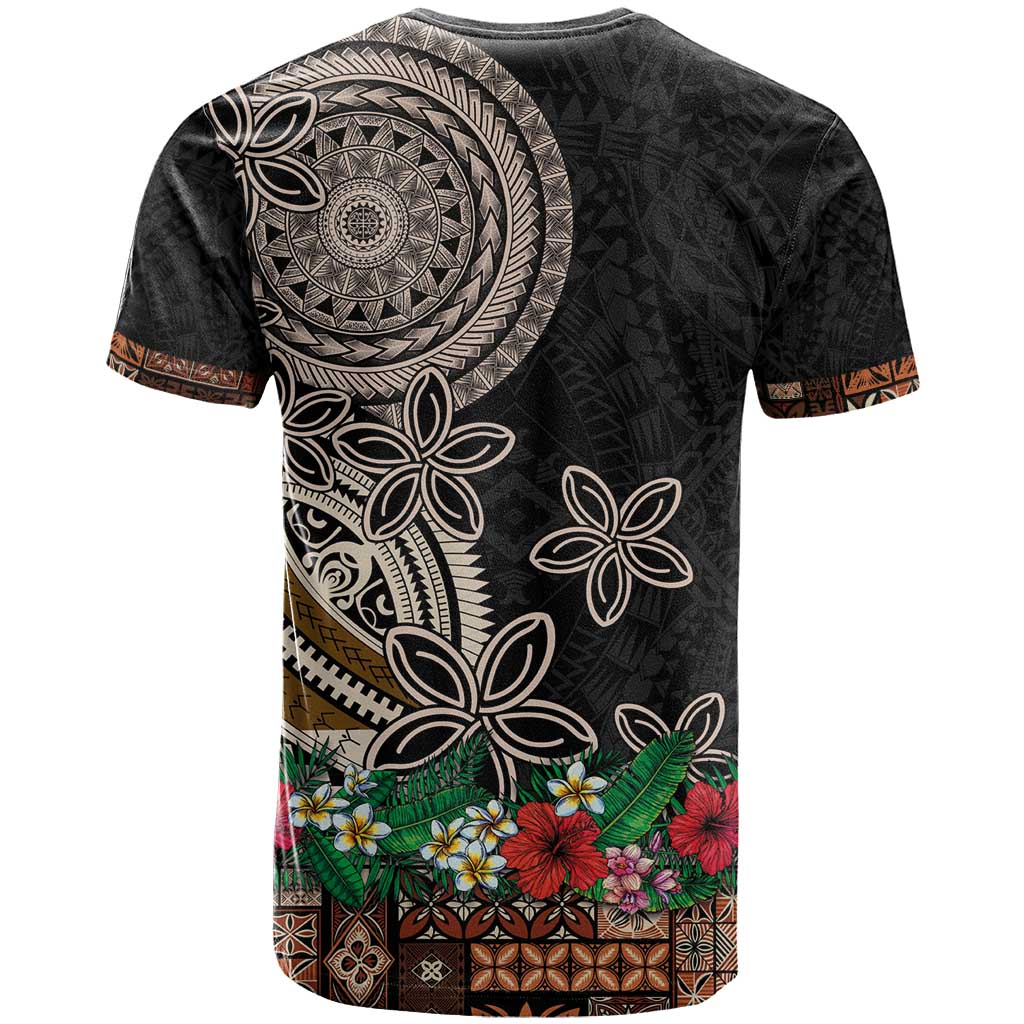 Samoa Siapo Polynesian Art T Shirt Tropical Flowers and Tatau Pattern Brown