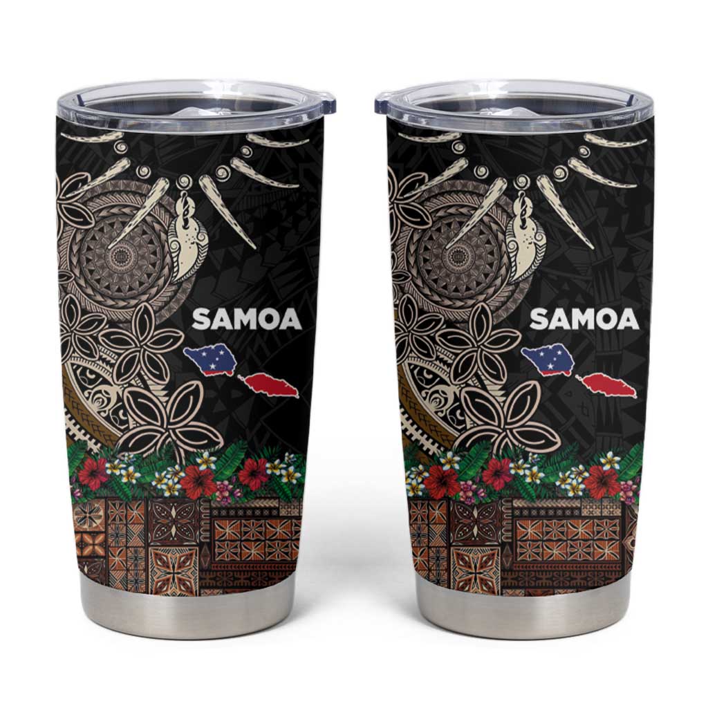 Samoa Siapo Polynesian Art Tumbler Cup Tropical Flowers and Tatau Pattern Brown