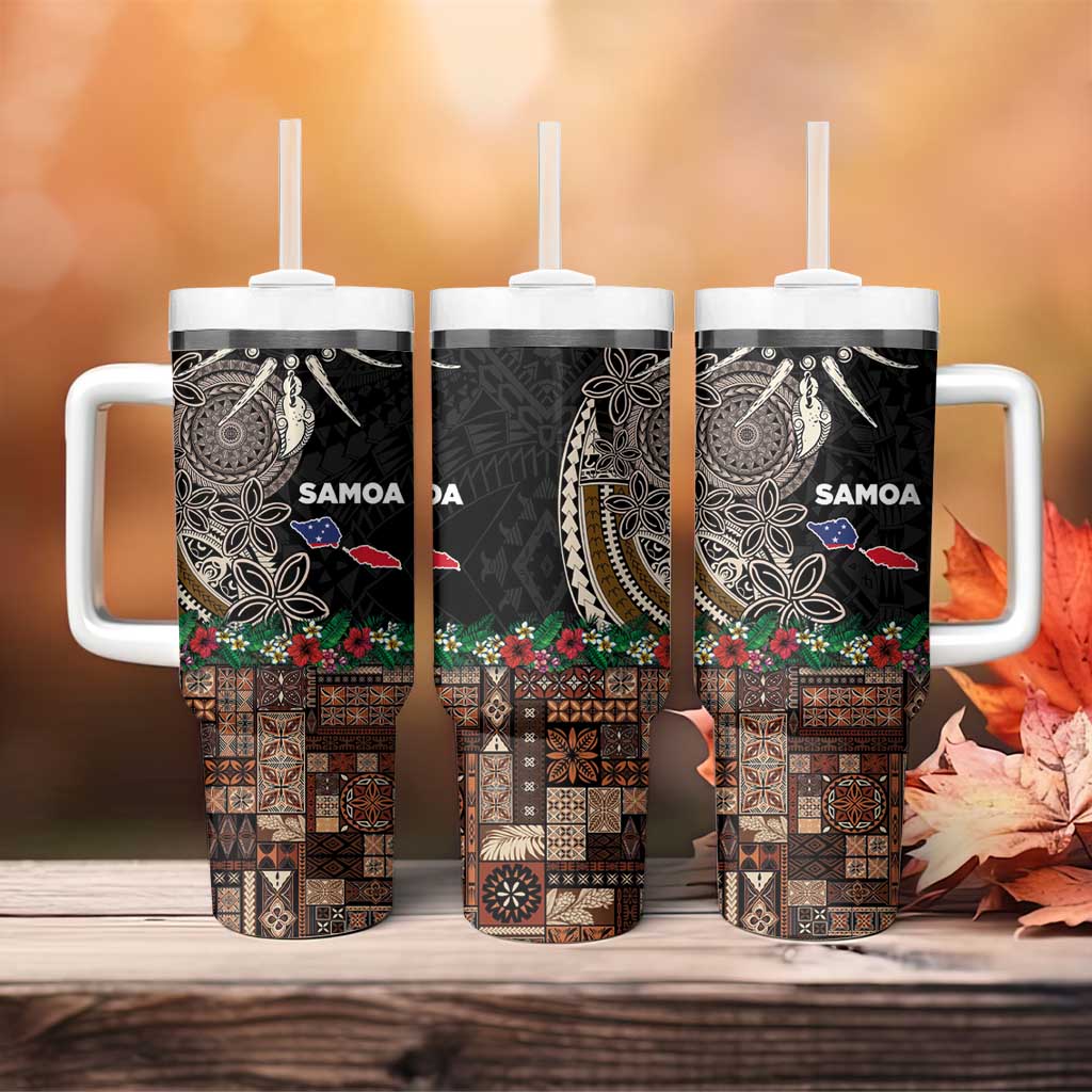 Samoa Siapo Polynesian Art Tumbler With Handle Tropical Flowers and Tatau Pattern Brown