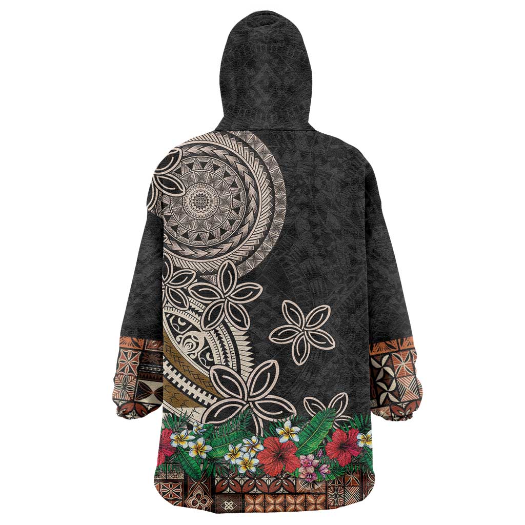 Samoa Siapo Polynesian Art Wearable Blanket Hoodie Tropical Flowers and Tatau Pattern Brown