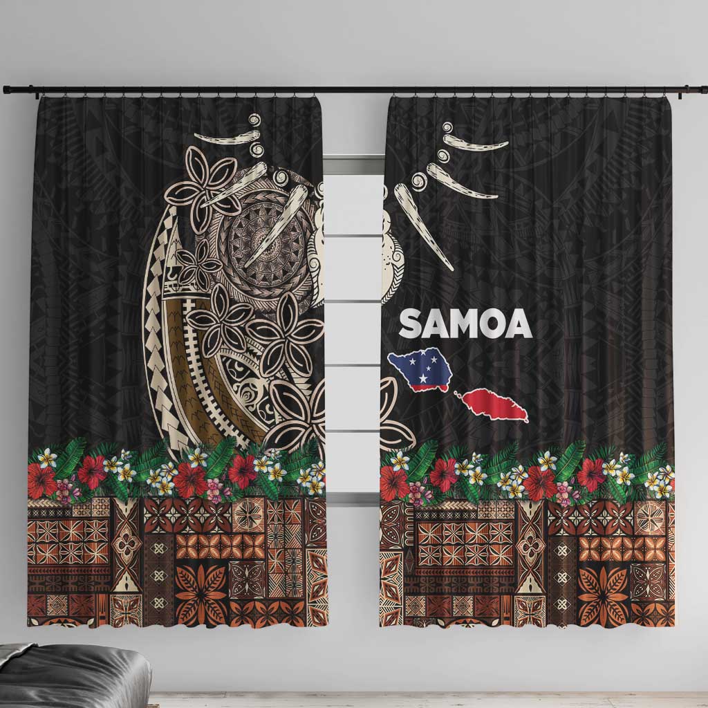 Samoa Siapo Polynesian Art Window Curtain Tropical Flowers and Tatau Pattern Brown