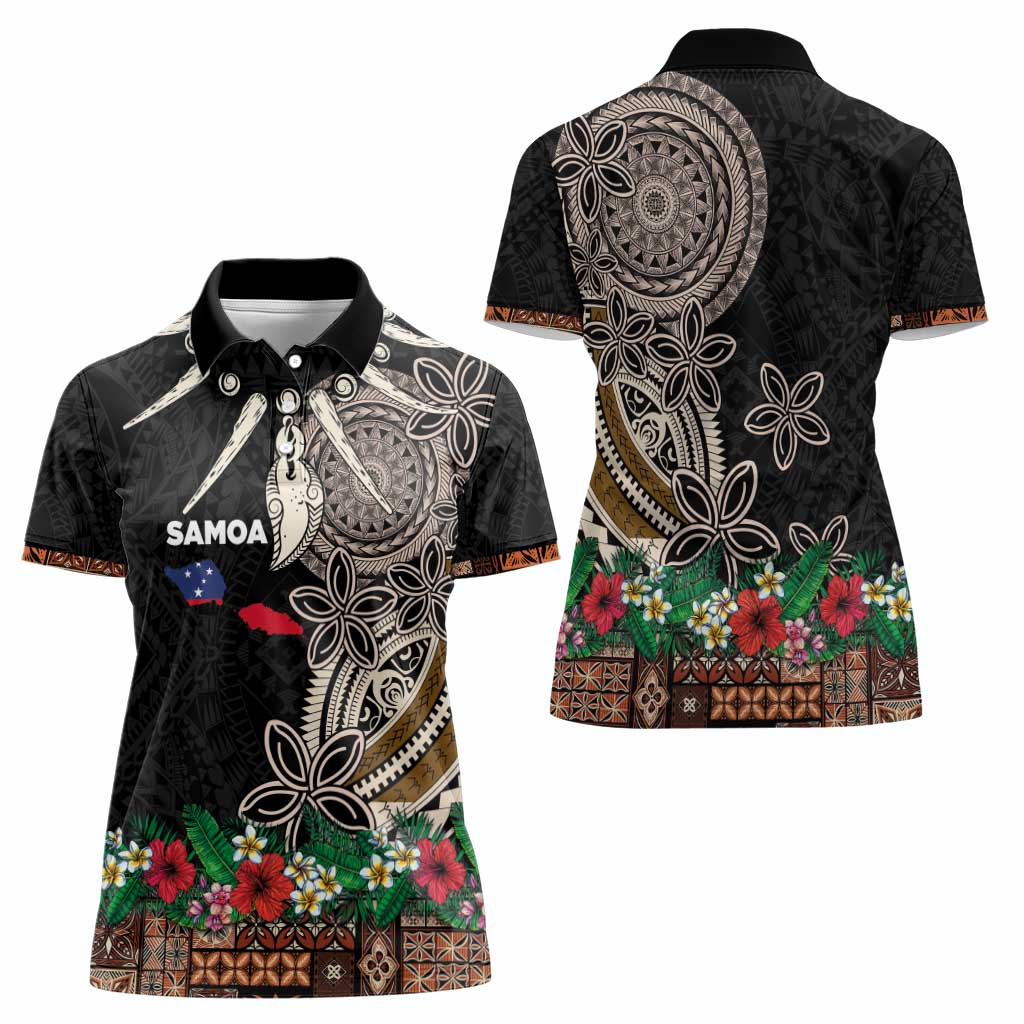 Samoa Siapo Polynesian Art Women Polo Shirt Tropical Flowers and Tatau Pattern Brown