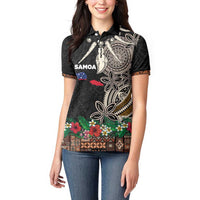 Samoa Siapo Polynesian Art Women Polo Shirt Tropical Flowers and Tatau Pattern Brown