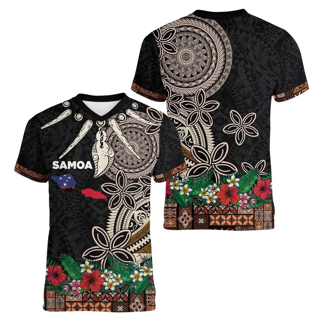 Samoa Siapo Polynesian Art Women V-Neck T-Shirt Tropical Flowers and Tatau Pattern Brown