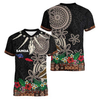 Samoa Siapo Polynesian Art Women V-Neck T-Shirt Tropical Flowers and Tatau Pattern Brown