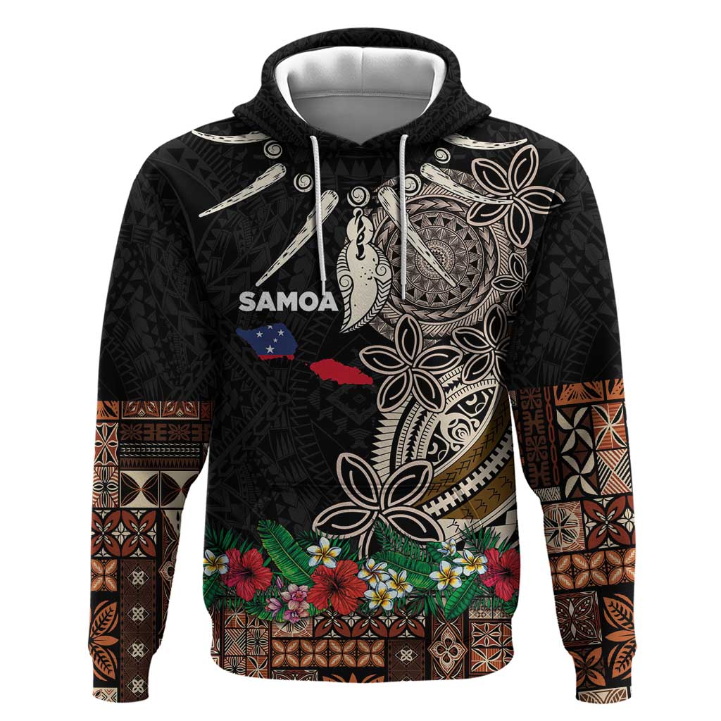Samoa Siapo Polynesian Art Zip Hoodie Tropical Flowers and Tatau Pattern Brown