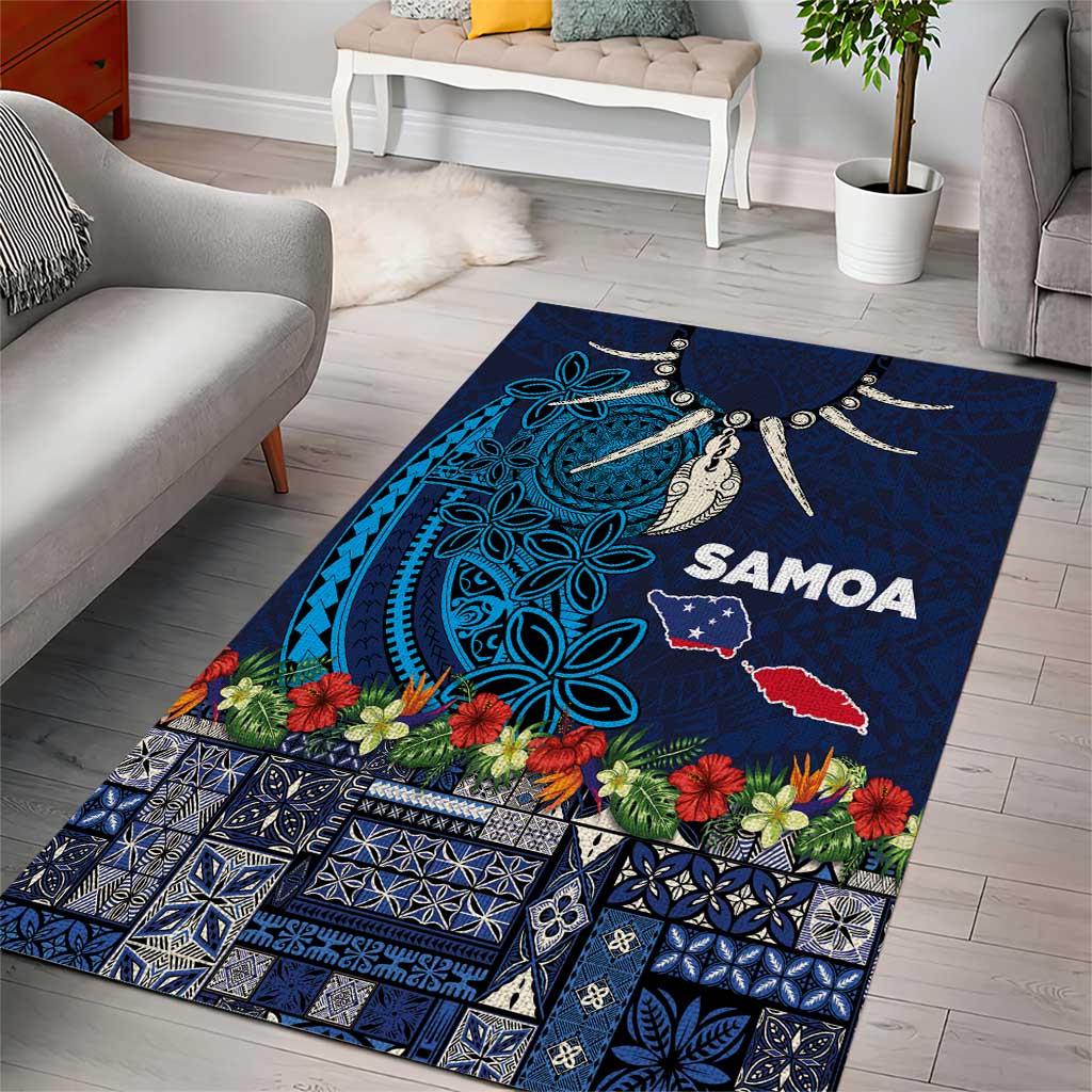 Samoa Siapo Polynesian Art Area Rug Tropical Flowers and Tatau Pattern Navy