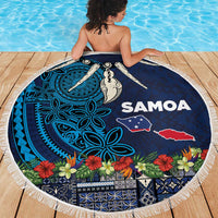 Samoa Siapo Polynesian Art Beach Blanket Tropical Flowers and Tatau Pattern Navy