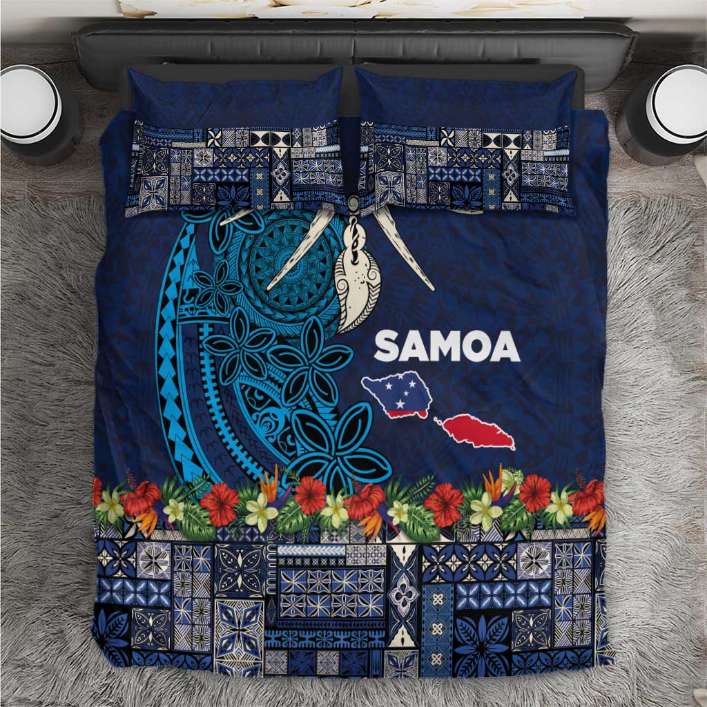 Samoa Siapo Polynesian Art Bedding Set Tropical Flowers and Tatau Pattern Navy