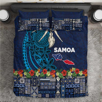 Samoa Siapo Polynesian Art Bedding Set Tropical Flowers and Tatau Pattern Navy