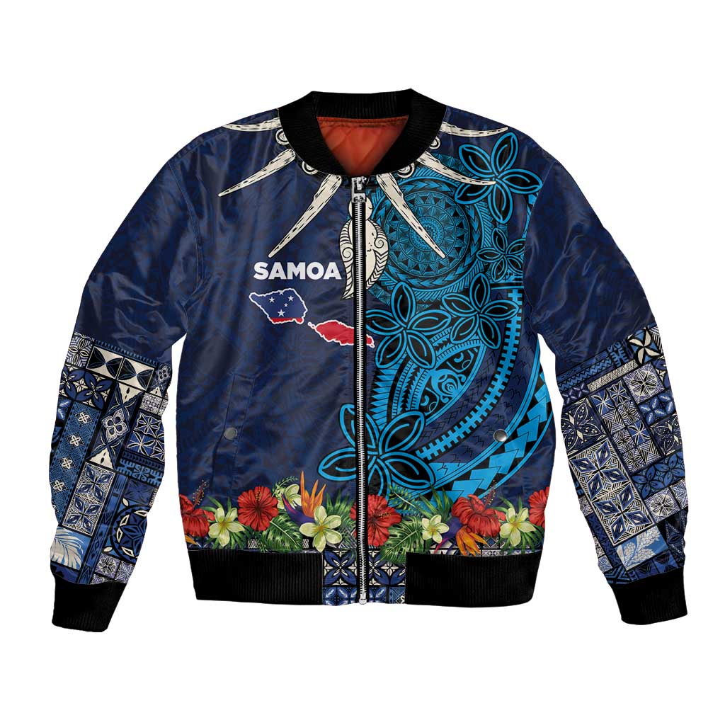 Samoa Siapo Polynesian Art Bomber Jacket Tropical Flowers and Tatau Pattern Navy