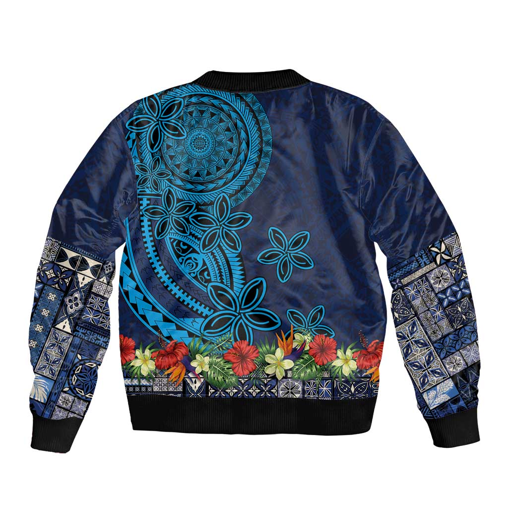 Samoa Siapo Polynesian Art Bomber Jacket Tropical Flowers and Tatau Pattern Navy