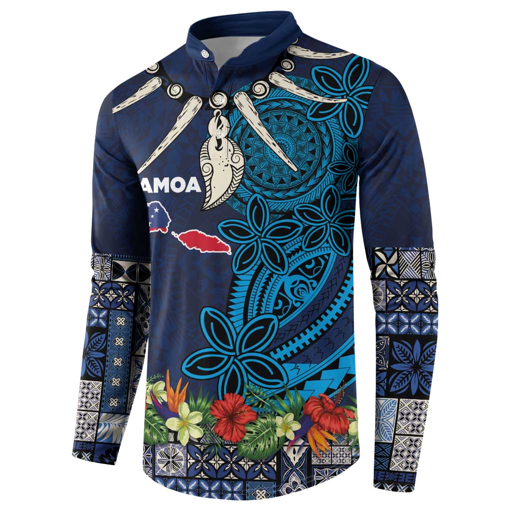 Samoa Siapo Polynesian Art Button Sweatshirt Tropical Flowers and Tatau Pattern Navy