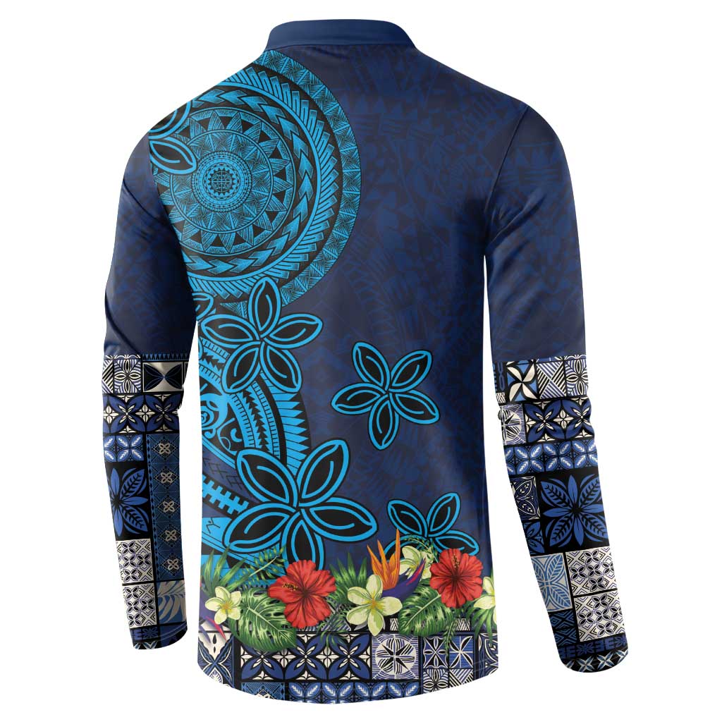 Samoa Siapo Polynesian Art Button Sweatshirt Tropical Flowers and Tatau Pattern Navy