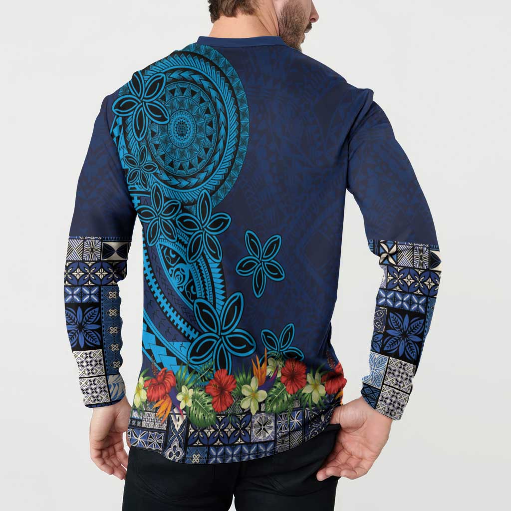 Samoa Siapo Polynesian Art Button Sweatshirt Tropical Flowers and Tatau Pattern Navy