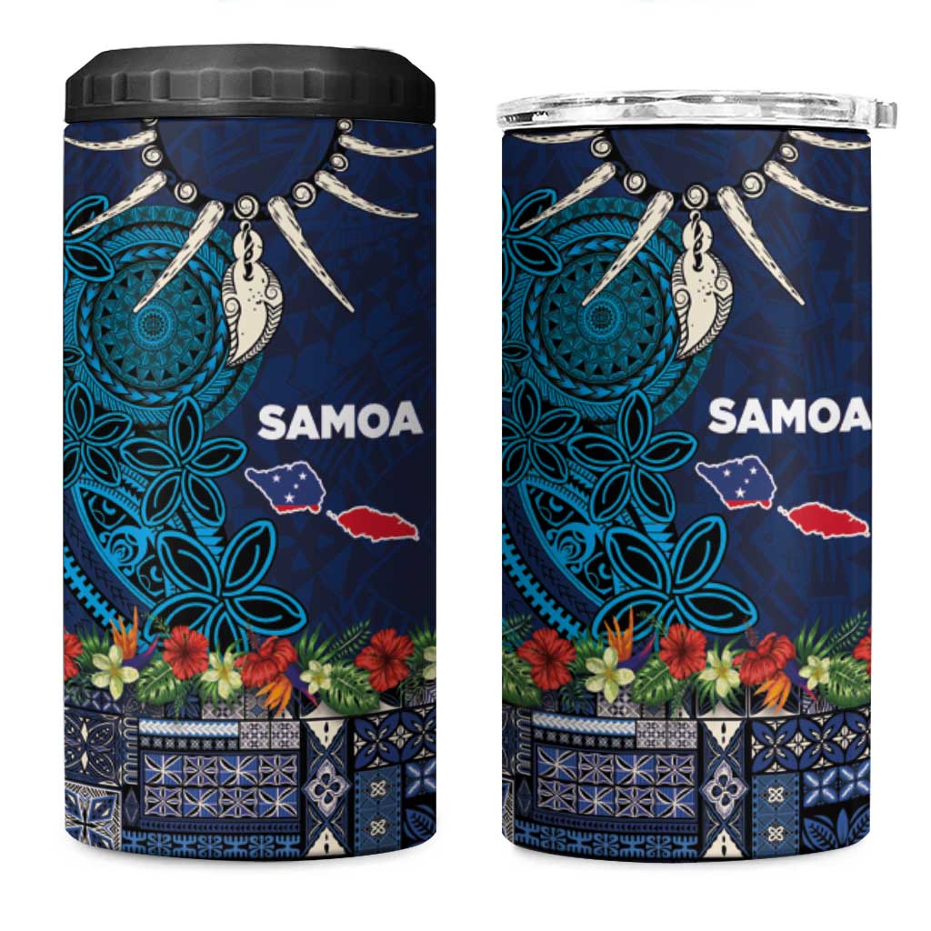 Samoa Siapo Polynesian Art 4 in 1 Can Cooler Tumbler Tropical Flowers and Tatau Pattern Navy