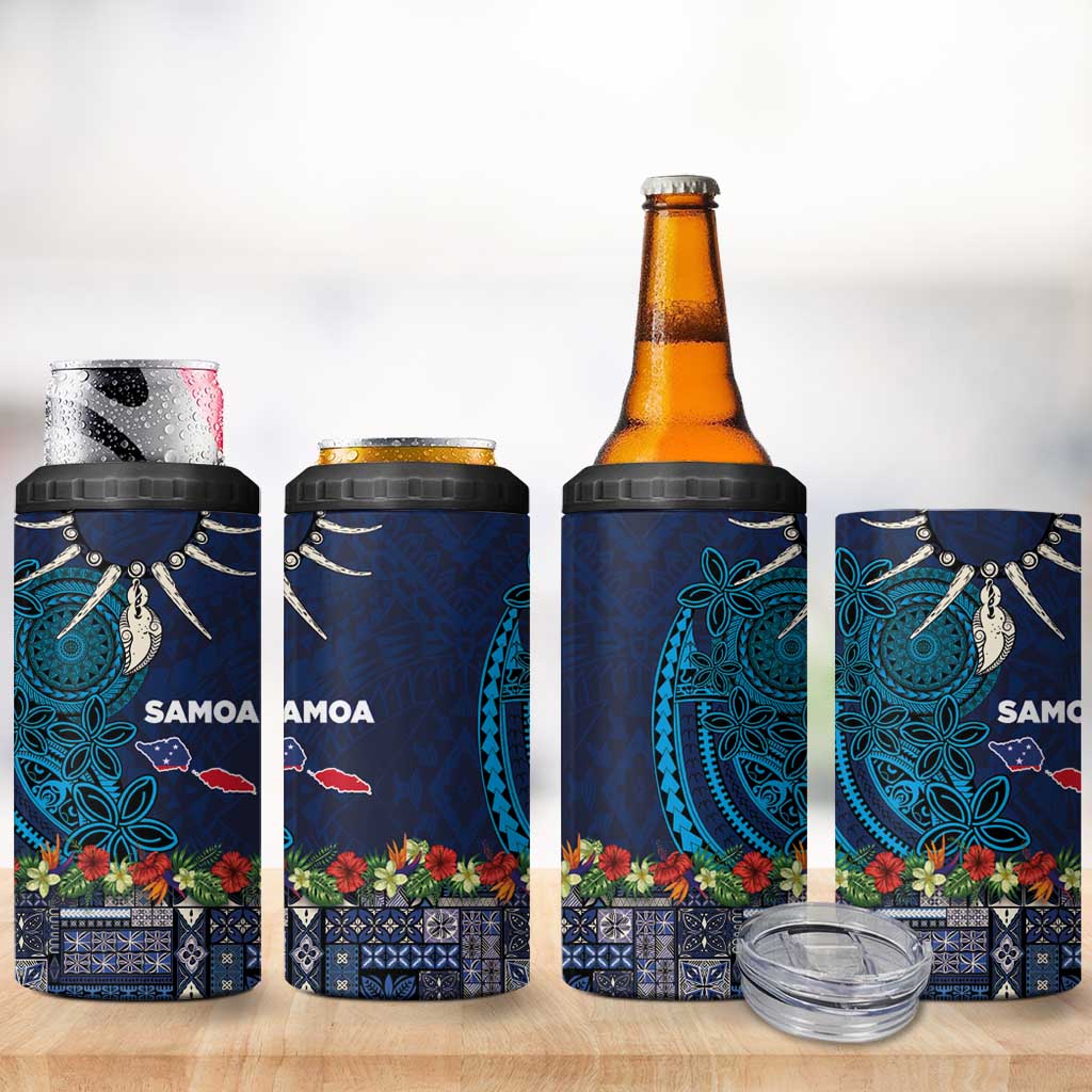 Samoa Siapo Polynesian Art 4 in 1 Can Cooler Tumbler Tropical Flowers and Tatau Pattern Navy