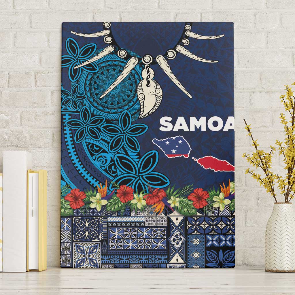 Samoa Siapo Polynesian Art Canvas Wall Art Tropical Flowers and Tatau Pattern Navy