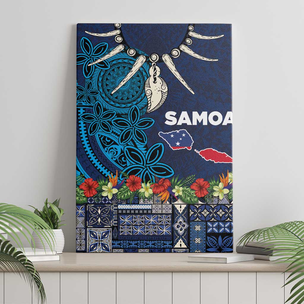 Samoa Siapo Polynesian Art Canvas Wall Art Tropical Flowers and Tatau Pattern Navy