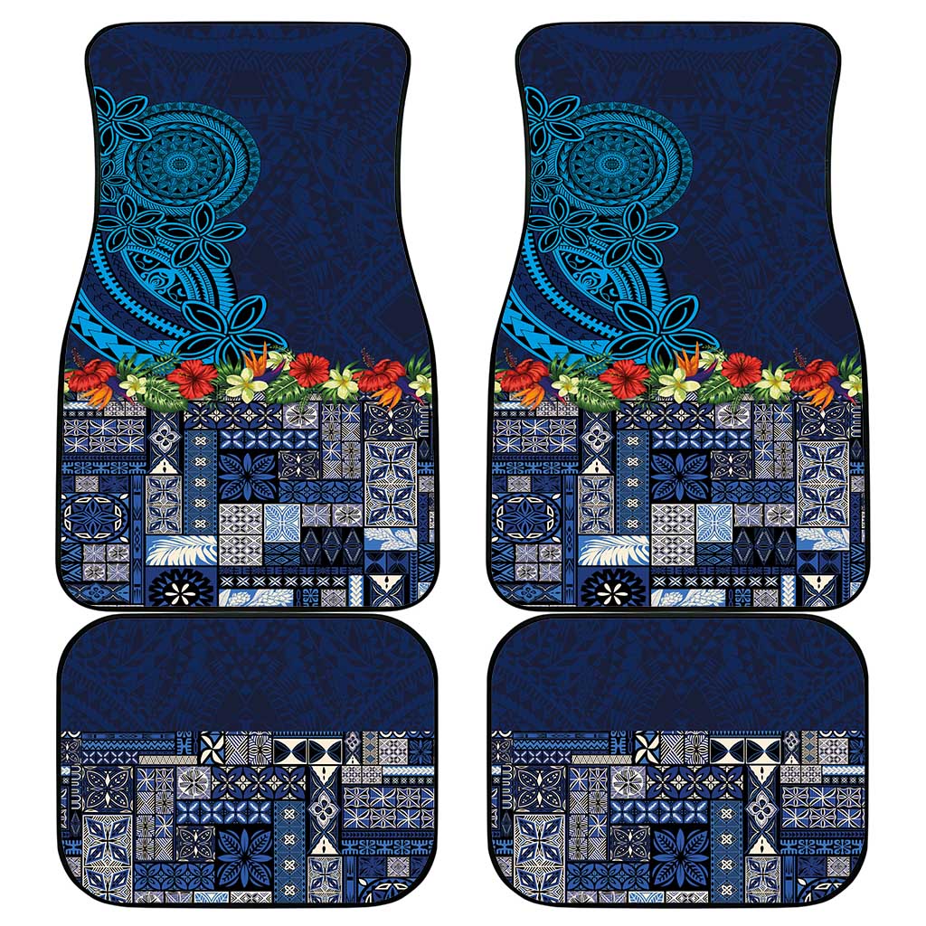 Samoa Siapo Polynesian Art Car Mats Tropical Flowers and Tatau Pattern Navy