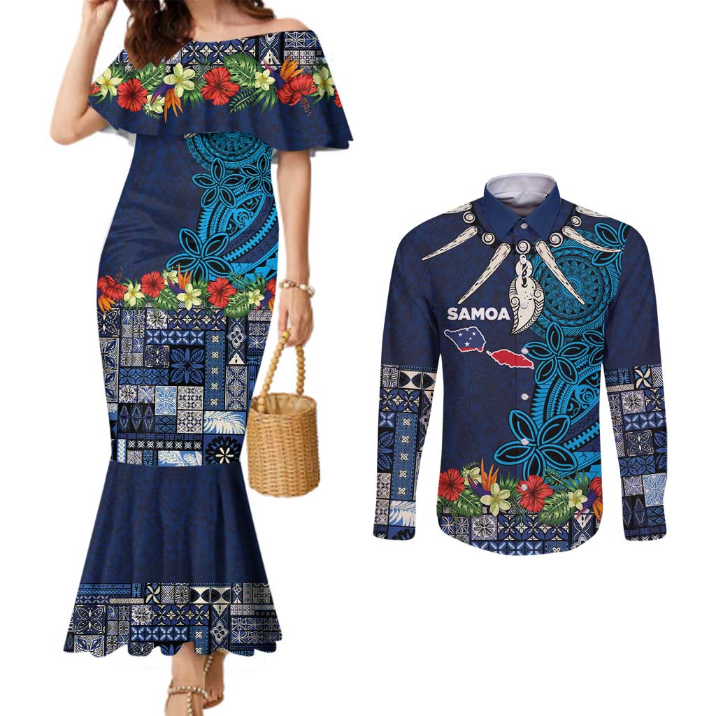Samoa Siapo Polynesian Art Couples Matching Mermaid Dress and Long Sleeve Button Shirt Tropical Flowers and Tatau Pattern Navy