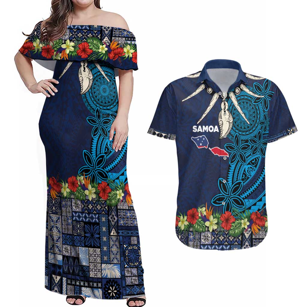 Samoa Siapo Polynesian Art Couples Matching Off Shoulder Maxi Dress and Hawaiian Shirt Tropical Flowers and Tatau Pattern Navy LT03 Navy - Polynesian Pride