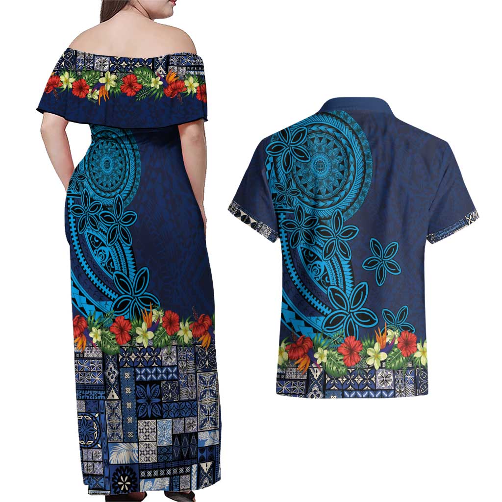 Samoa Siapo Polynesian Art Couples Matching Off Shoulder Maxi Dress and Hawaiian Shirt Tropical Flowers and Tatau Pattern Navy LT03 - Polynesian Pride