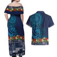 Samoa Siapo Polynesian Art Couples Matching Off Shoulder Maxi Dress and Hawaiian Shirt Tropical Flowers and Tatau Pattern Navy LT03 - Polynesian Pride
