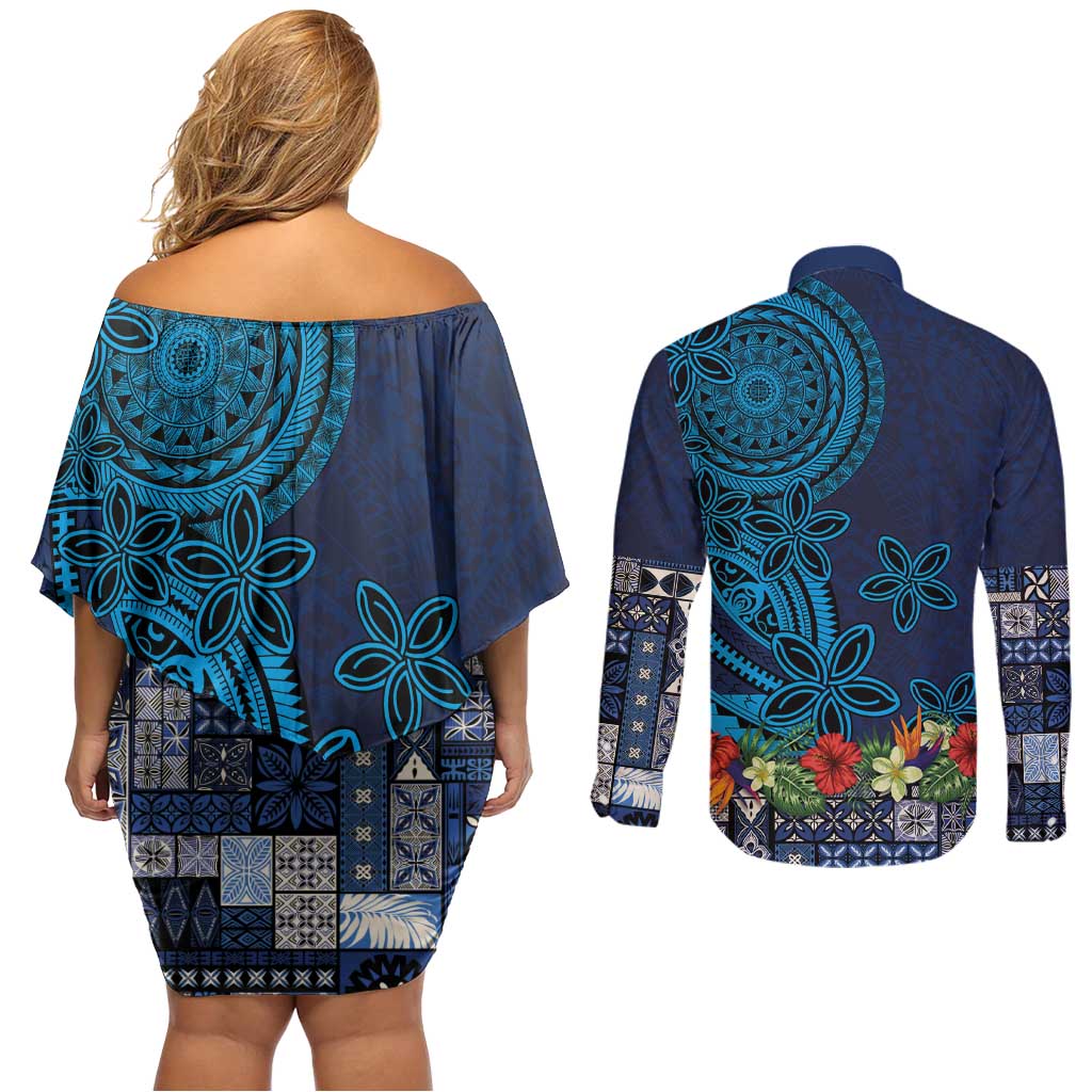 Samoa Siapo Polynesian Art Couples Matching Off Shoulder Short Dress and Long Sleeve Button Shirt Tropical Flowers and Tatau Pattern Navy