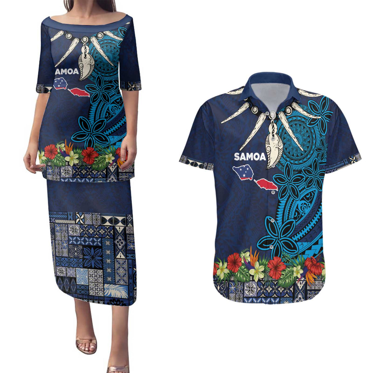 Samoa Siapo Polynesian Art Couples Matching Puletasi and Hawaiian Shirt Tropical Flowers and Tatau Pattern Navy