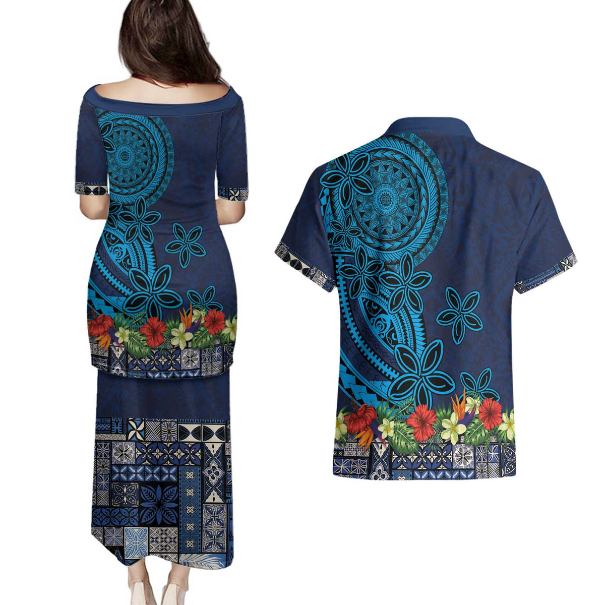 Samoa Siapo Polynesian Art Couples Matching Puletasi and Hawaiian Shirt Tropical Flowers and Tatau Pattern Navy