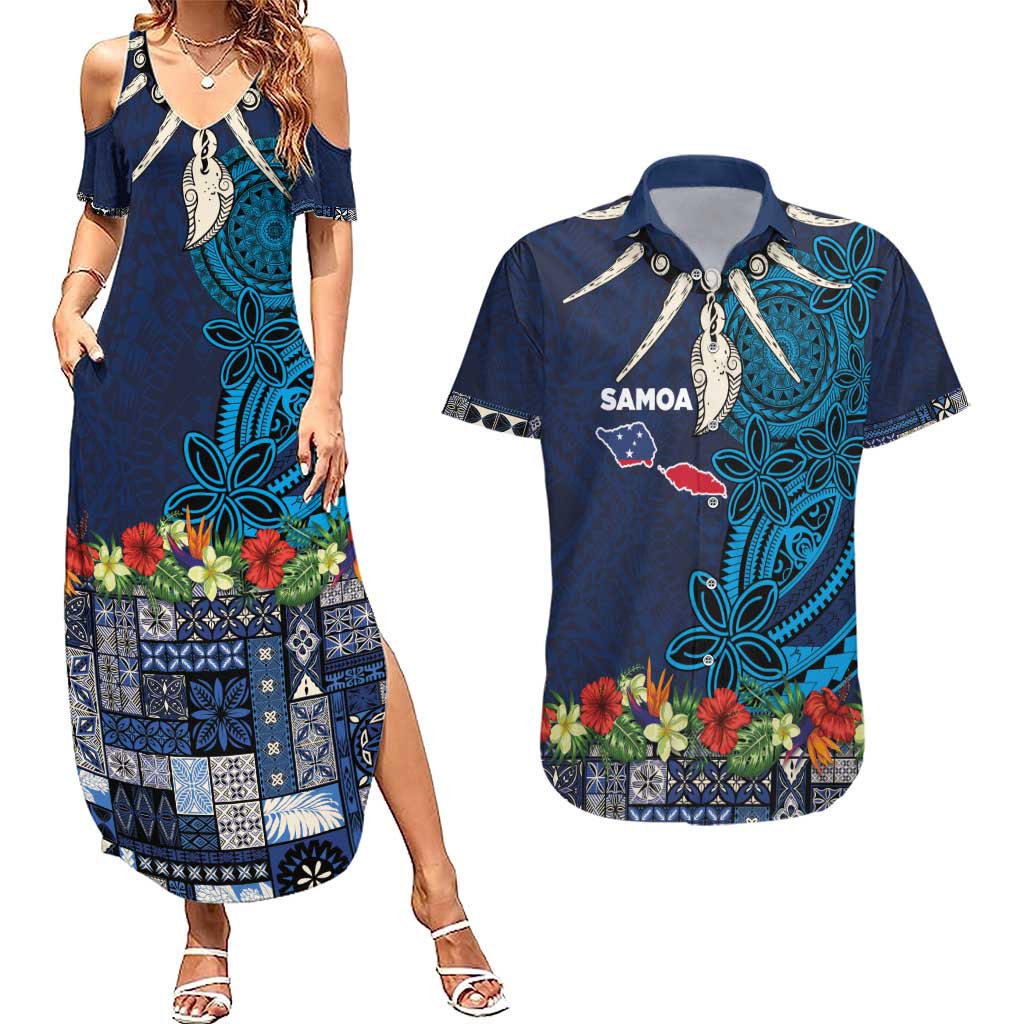 Samoa Siapo Polynesian Art Couples Matching Summer Maxi Dress and Hawaiian Shirt Tropical Flowers and Tatau Pattern Navy LT03 Navy - Polynesian Pride