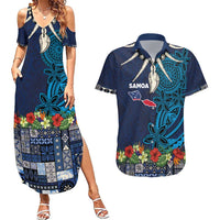 Samoa Siapo Polynesian Art Couples Matching Summer Maxi Dress and Hawaiian Shirt Tropical Flowers and Tatau Pattern Navy LT03 Navy - Polynesian Pride