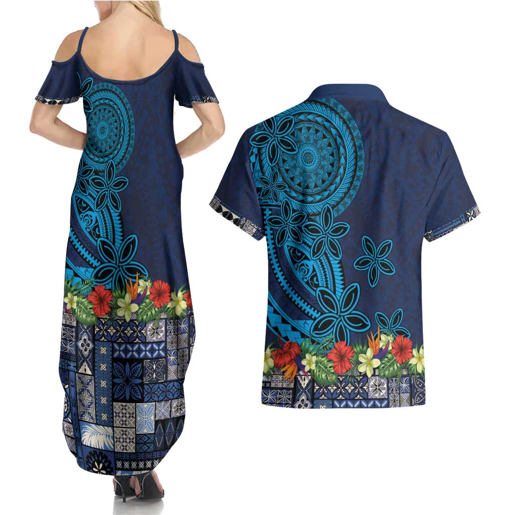 Samoa Siapo Polynesian Art Couples Matching Summer Maxi Dress and Hawaiian Shirt Tropical Flowers and Tatau Pattern Navy LT03 - Polynesian Pride