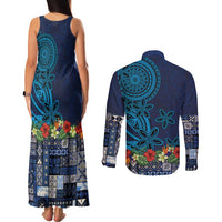 Samoa Siapo Polynesian Art Couples Matching Tank Maxi Dress and Long Sleeve Button Shirt Tropical Flowers and Tatau Pattern Navy