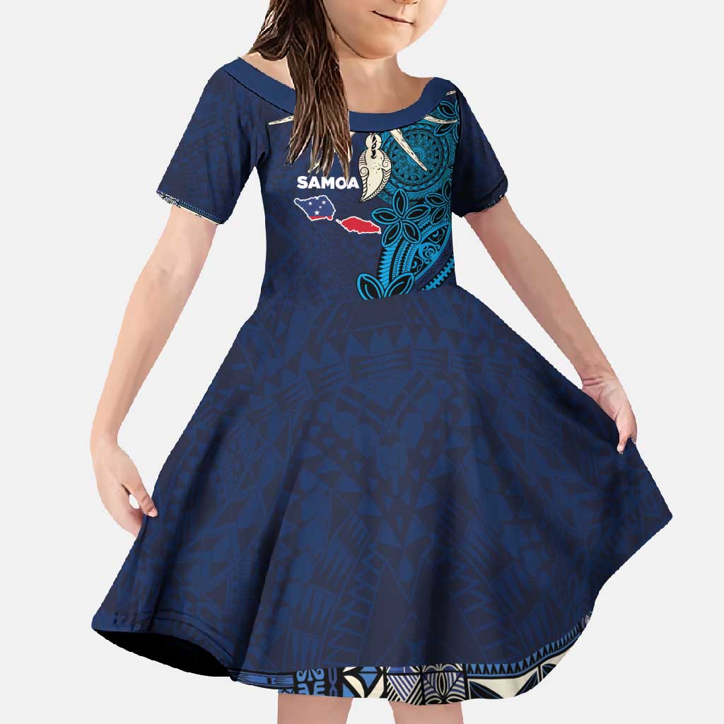 Samoa Siapo Polynesian Art Family Matching Long Sleeve Bodycon Dress and Hawaiian Shirt Tropical Flowers and Tatau Pattern Navy