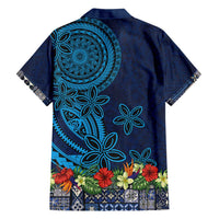 Samoa Siapo Polynesian Art Family Matching Long Sleeve Bodycon Dress and Hawaiian Shirt Tropical Flowers and Tatau Pattern Navy