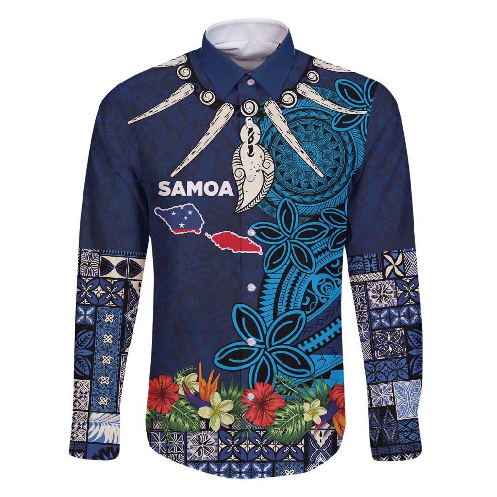 Samoa Siapo Polynesian Art Family Matching Long Sleeve Bodycon Dress and Hawaiian Shirt Tropical Flowers and Tatau Pattern Navy