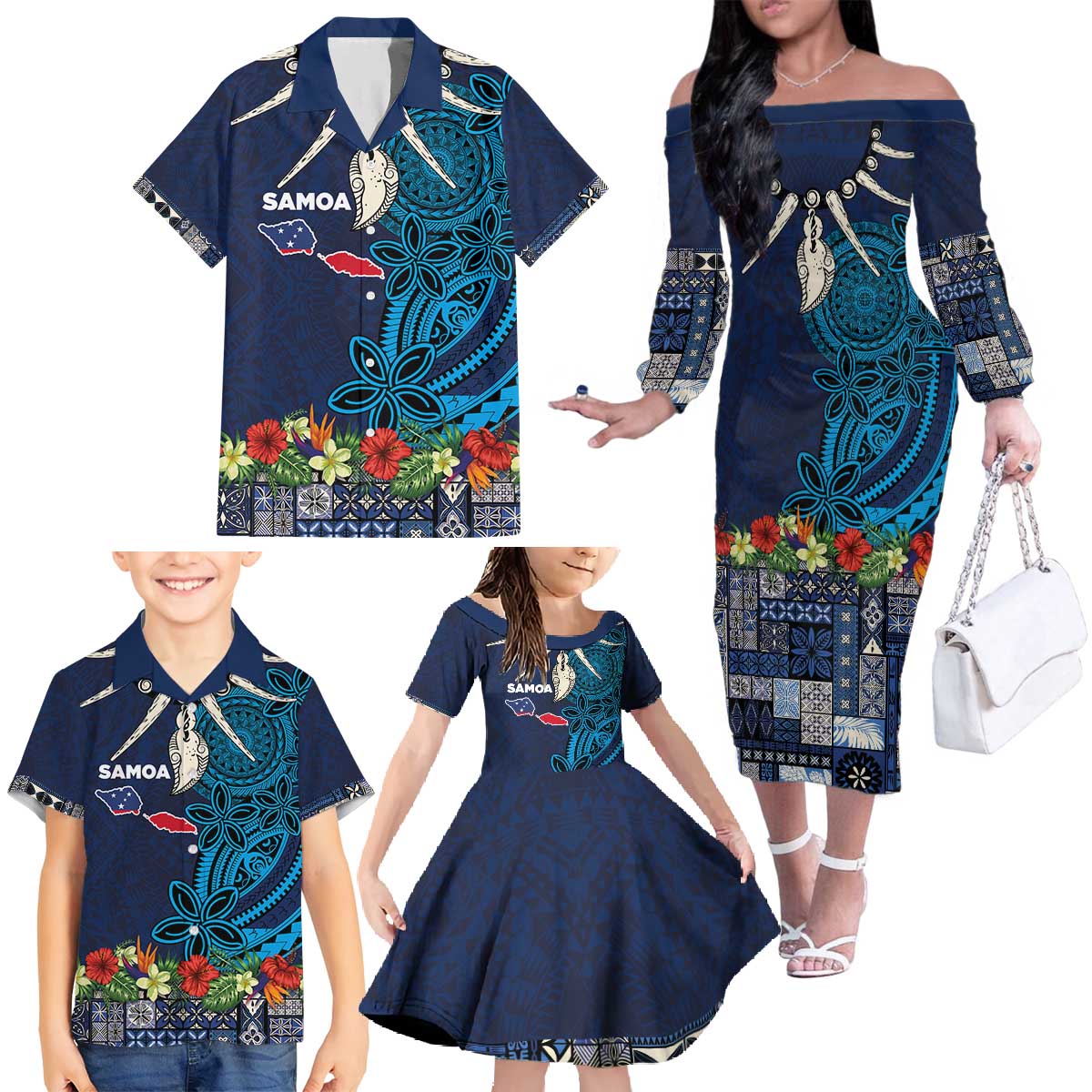 Samoa Siapo Polynesian Art Family Matching Off The Shoulder Long Sleeve Dress and Hawaiian Shirt Tropical Flowers and Tatau Pattern Navy